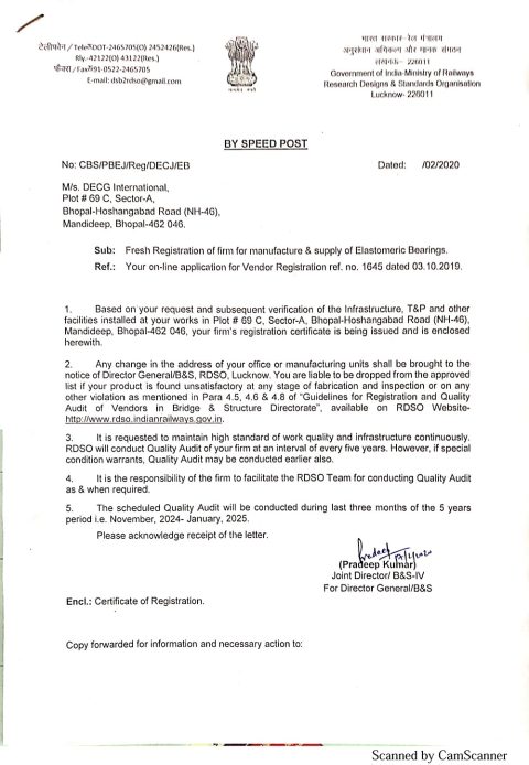 RDSO Approved – Elastomeric Bearings certificate